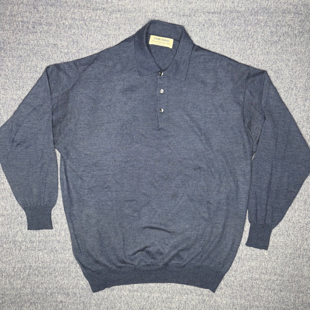Gran Sasso Wool Silk Cashmere Polo Sweater Blue Gray Mens VII Made in Italy Read